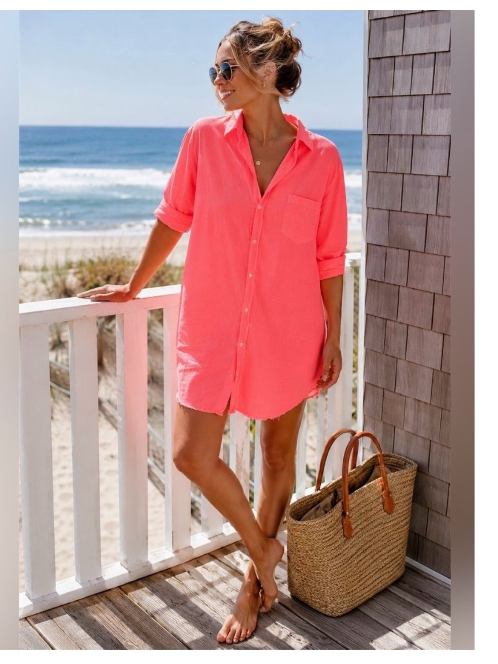 Frank & Eileen Hunter Linen blend neon pink orange shirt dress, size medium